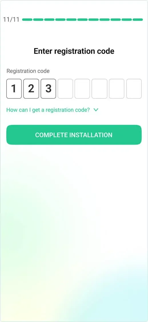 VigilKids Assistant registration-code screen with Complete Installation button