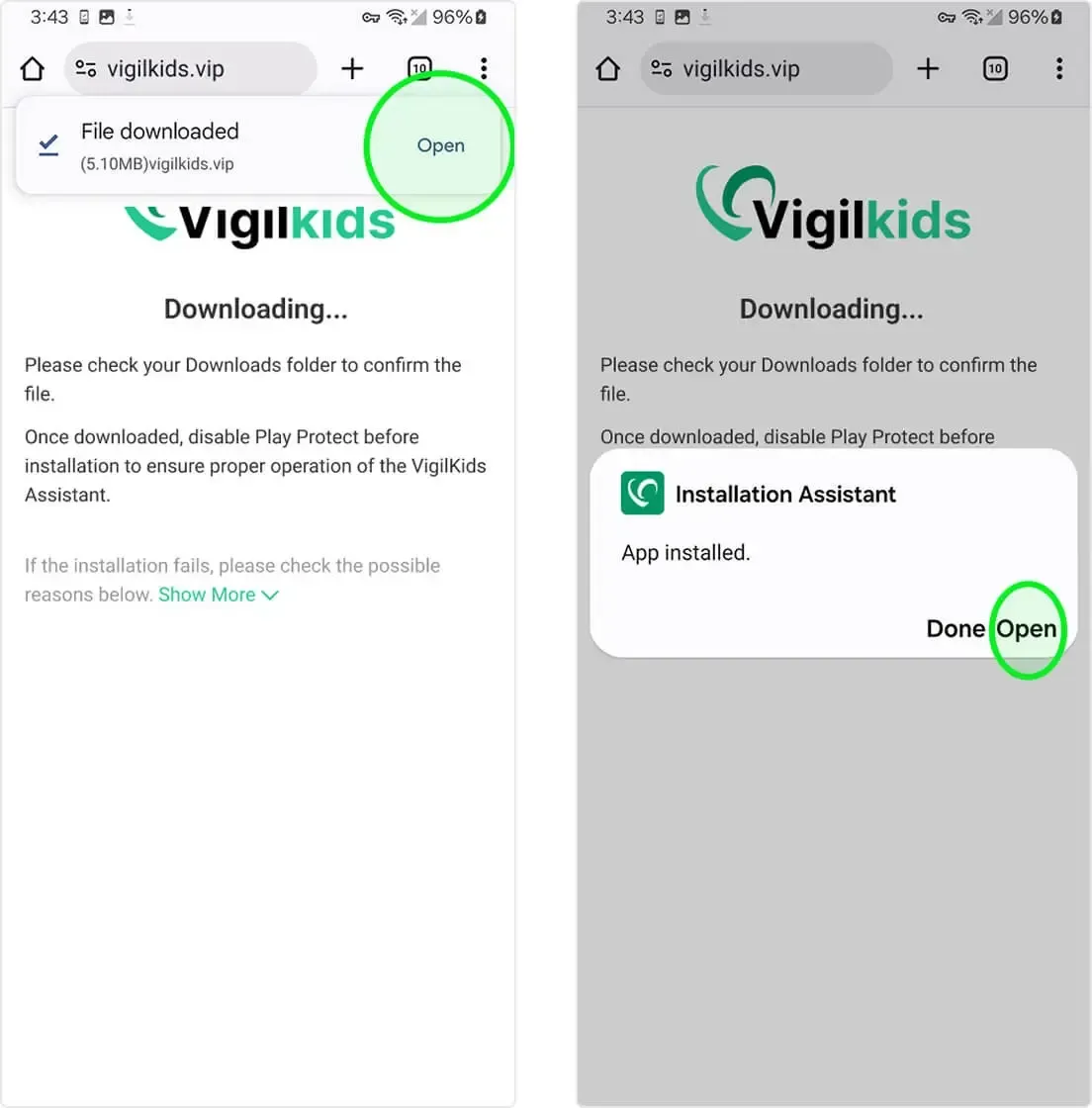 Android browser download notification and Installation Assistant installed confirmation