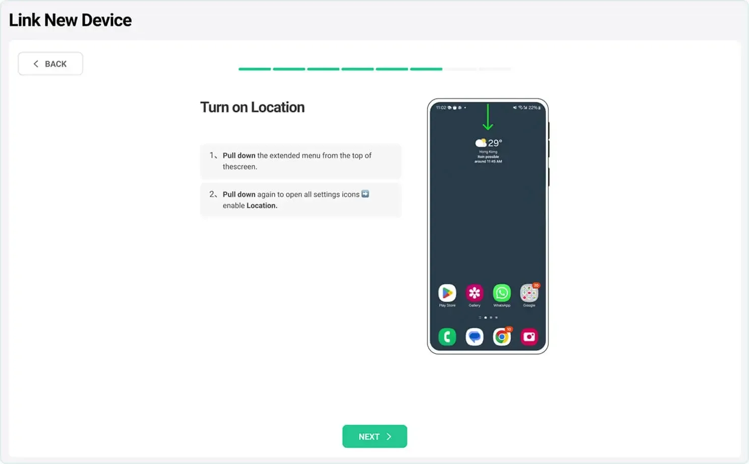 VigilKids Link New Device screen showing how to turn on Android Location