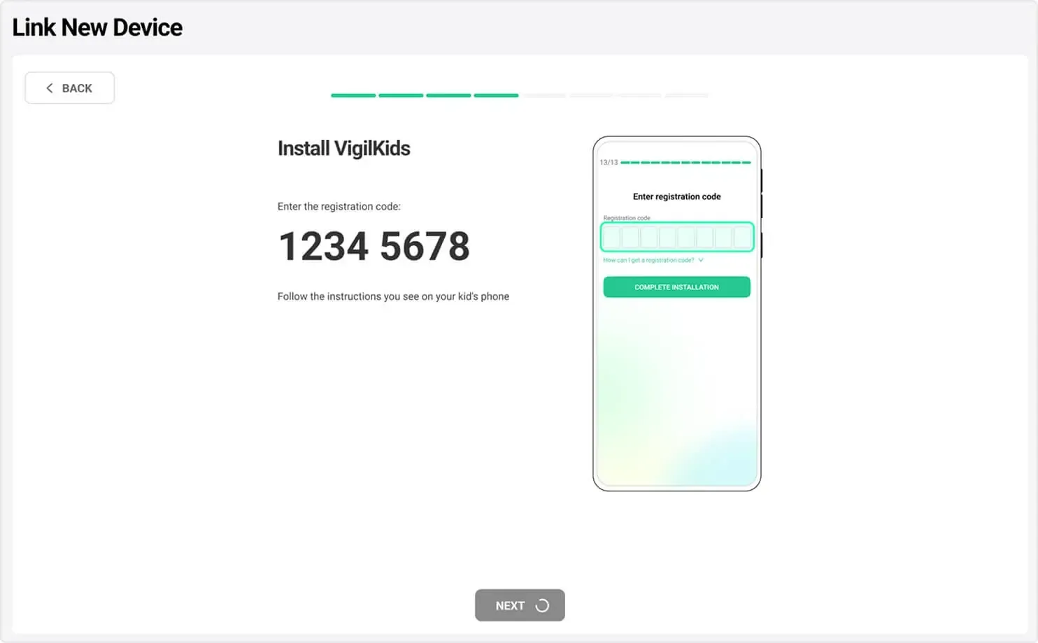 VigilKids Link New Device screen displaying a registration code