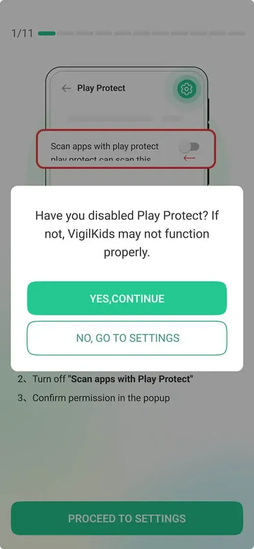 VigilKids setup prompt confirming the Google Play Protect setting