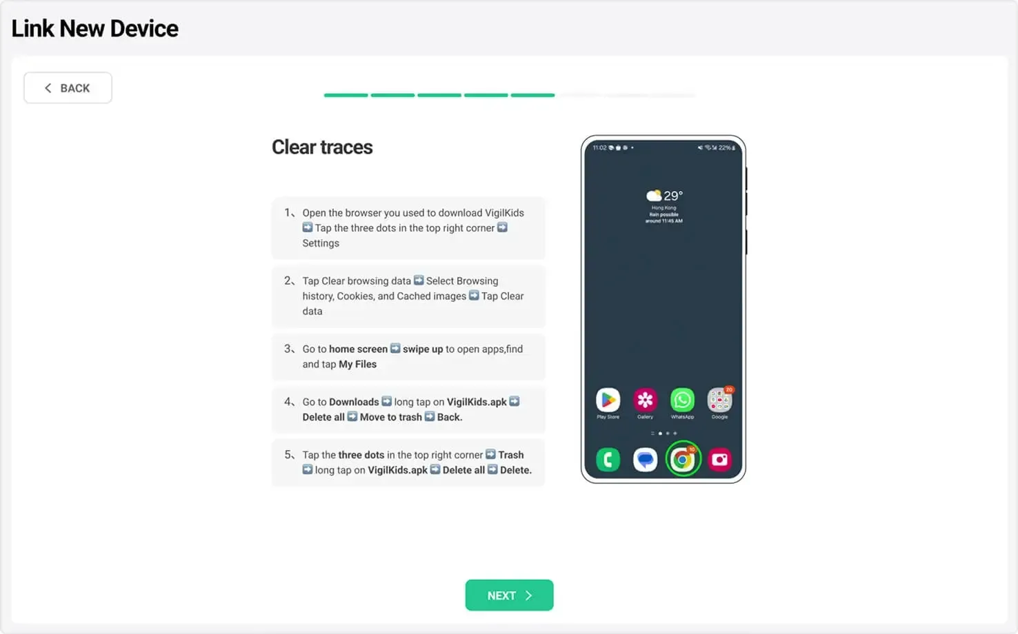 VigilKids Link New Device screen explaining how to clear browser and installer traces