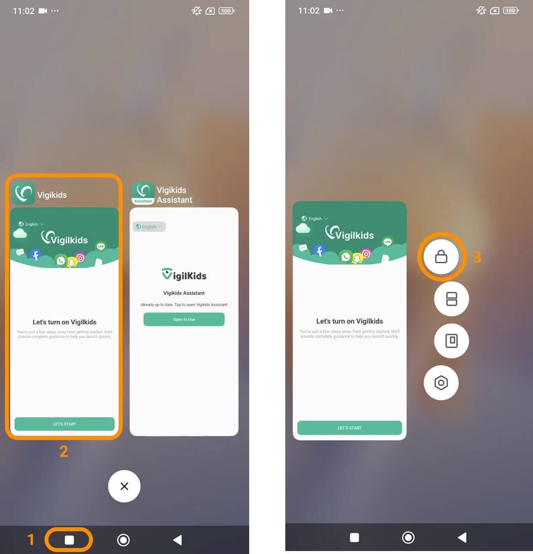 Xiaomi Recent Apps screen showing how to lock the VigilKids app