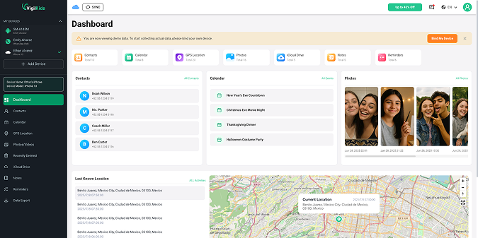 VigilKids iCloud monitoring dashboard showing contacts, calendar, photos and location data