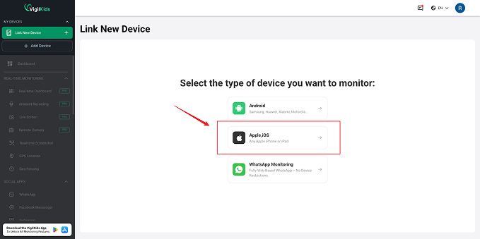 VigilKids Link New Device screen with the Apple iOS option highlighted