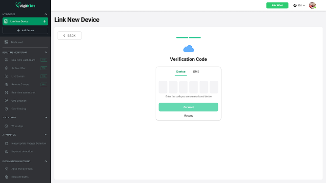 VigilKids verification screen with six code fields and a centered Connect button